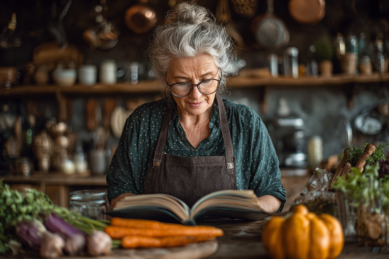 Старша жінка готує здорову страву на кухні